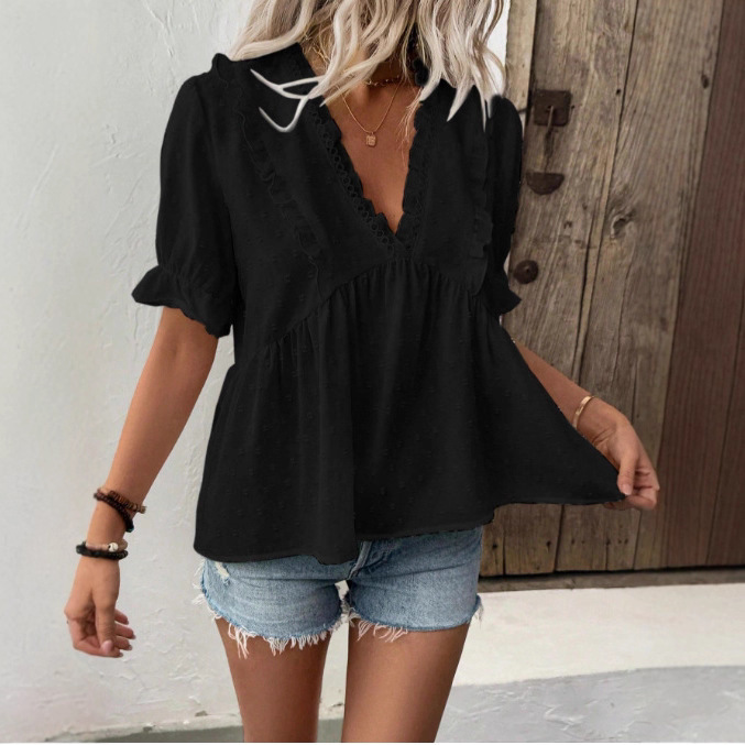 2025 European and American Amazon Independent Station Lace Top Butterfly Sleeve V Neck Shirt Casual and Elegant Ruffled Short Sleeves