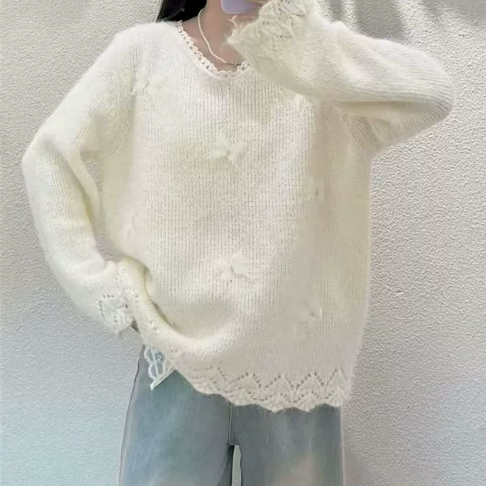 秋冬蝴蝶针织衫蕾丝新款设计紫色立体上衣外套毛衣宽松显瘦慵懒