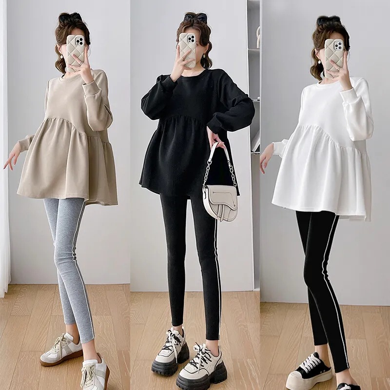 Pregnant women's clothing Korean round neck solid color T-shirt age-reducing autumn and winter new fashion mom plus size does not show pregnant belly-covered commuter top Pregnant women's clothing Korean round neck solid color T-shirt age-reducing autumn and winter new fashion mom plus size does not show pregnant belly-covered commuter top