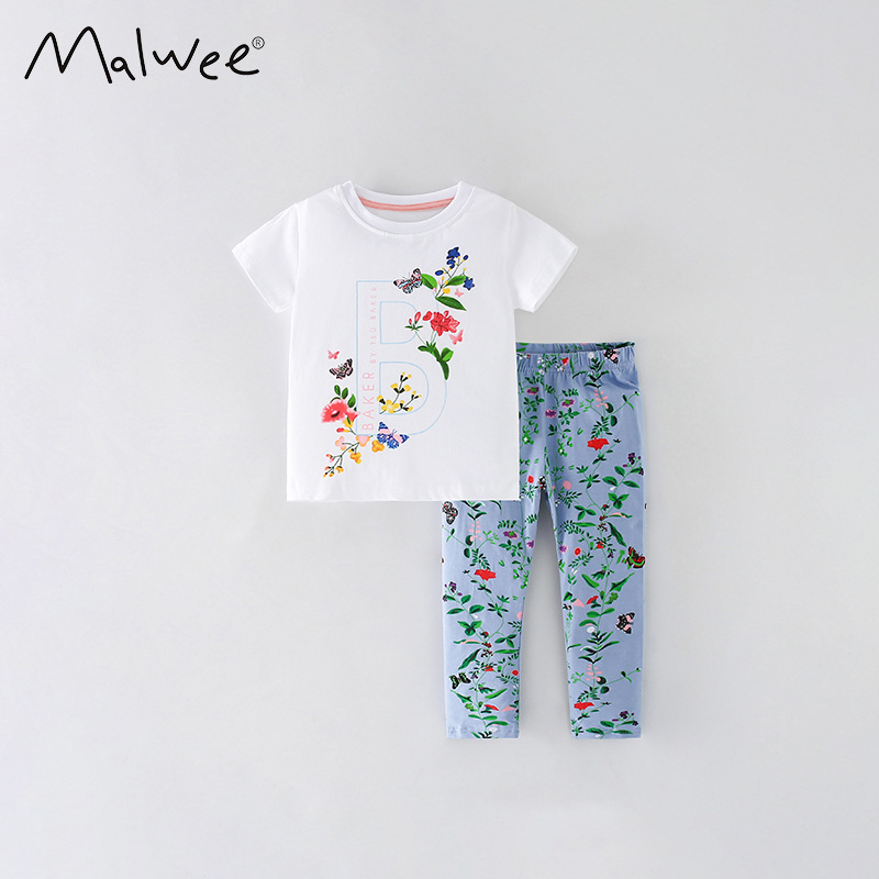 Malwee niñas dos piezas de verano ropa infantil europea y americana cuello redondo mangas cortas pantalones de cintura elástica impresión de aire extranjero conjunto infantil