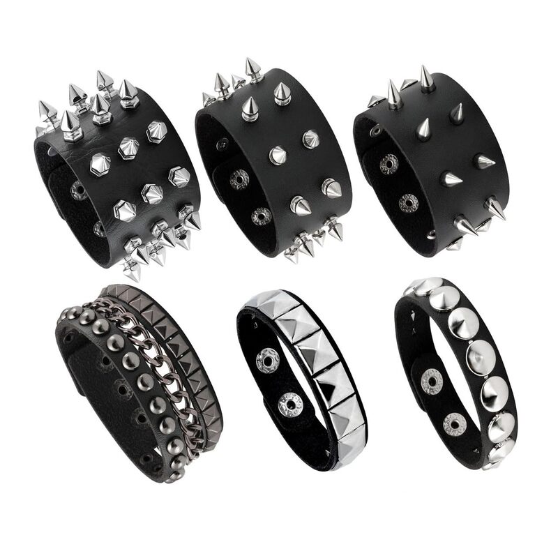 6 popular punk-style bracelets with unique and exaggerated designs, leather rock and roll European and American gothic studded bracelets for men and women