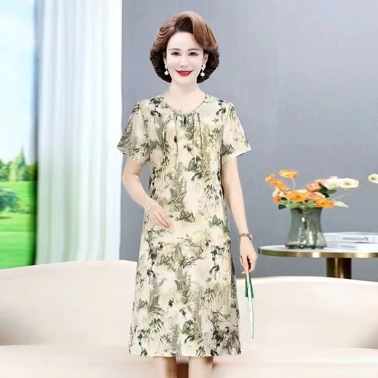 Elegant and Stylish Cotton Silk Dress for Women, New Summer Model for Middle-Aged Mothers, Cotton Silk Dress for Middle-Aged and Elderly Women, Suitable for 60-Year-Olds