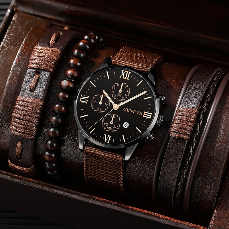 Foreign Trade Hot-Selling Men's Suit Gift Watch 4Pcs Bracelet Four-Piece Set Men's Watch Calendar Wristwatch Quartz Watch Sports