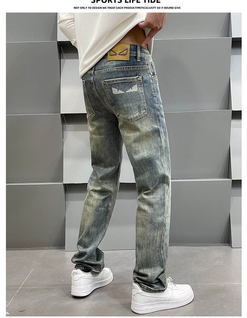 Men's Clothing Spring Retro High-End Printed Blue Jeans Loose Fit Straight Leg Casual Pants For Men_mkmklike.com