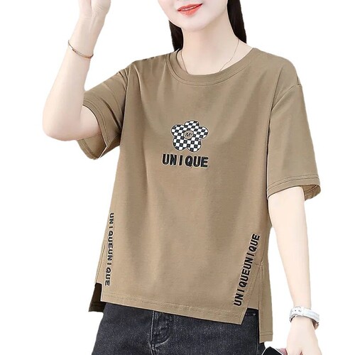 2025 Summer Irregular Print Short-Sleeve T-Shirt Women's Front Short Back Long T-Shirt Top