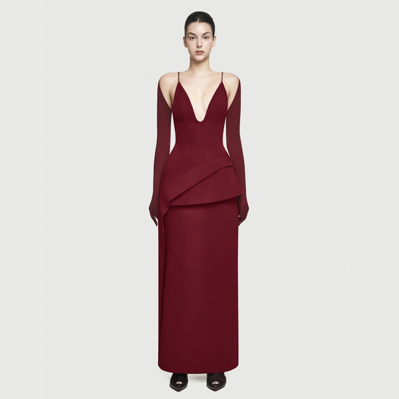 In-Stock New Model Vietnamese Niche Designer V-Neck Hollow-Out Strap Evening Gown Long Dress 40378 In-Stock New Model Vietnamese Niche Designer V-Neck Hollow-Out Strap Evening Gown Long Dress 40378