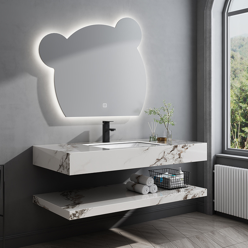 Pequeno oso personalizado espejo inteligente lavabo cerámico de placa de roca lavabo doble capa baño gabinete conjunto de gabinete de baño