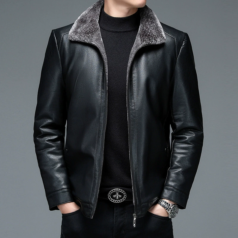 Men's warm down jacket, genuine leather, for middle age