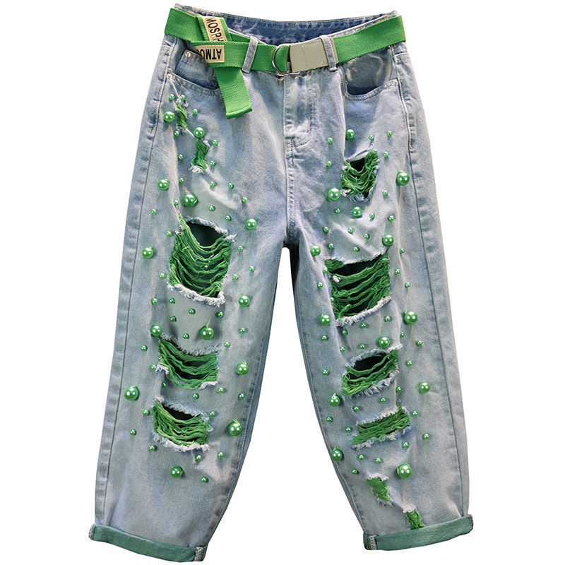European Style Women's High Waist Distressed Jeans Loose Baggy Pants With Heavy Pearl Embellishment_ecoleips.com