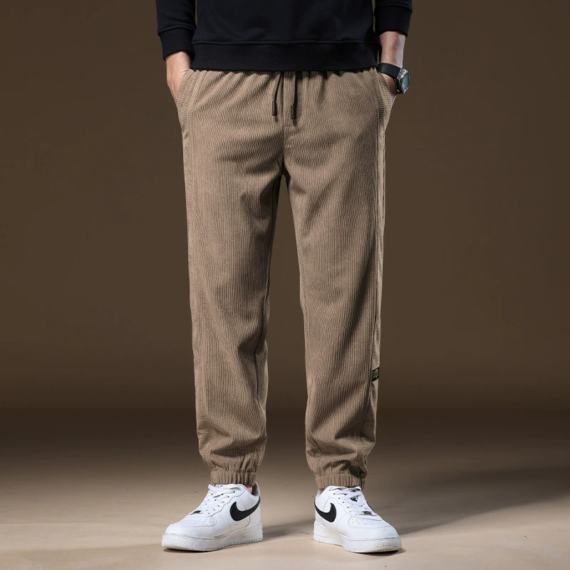 Осенние и зимние новые мужские повседневные брюки вельветовые шнуровки с эластической талией