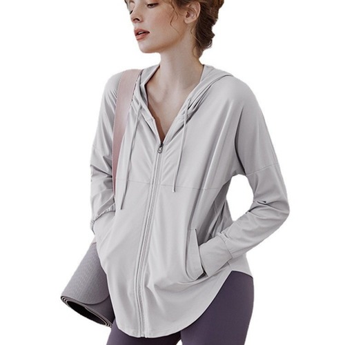 Women's sporty hooded sweatshirt 2024 summer new sunscreen quick-drying loose long-sleeved cardigan running yoga fitness top