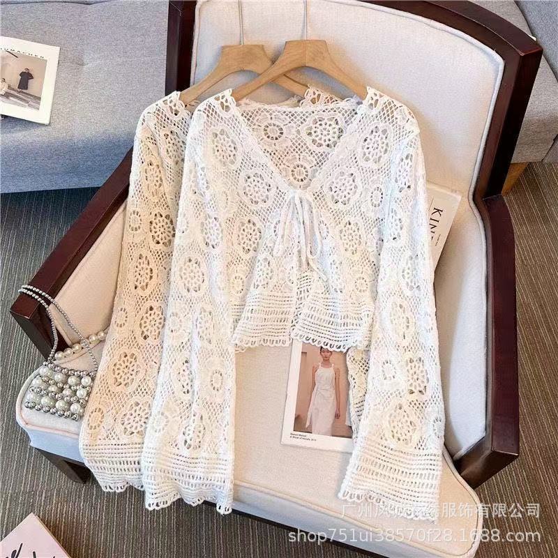 Hook Pattern Cut Out Lace-Up Knitted Cardigan for Women Summer New Bohemian Resort Style Long-Sleeved Short Top Blouse Hook Pattern Cut Out Lace-Up Knitted Cardigan for Women Summer New Bohemian Resort Style Long-Sleeved Short Top Blouse