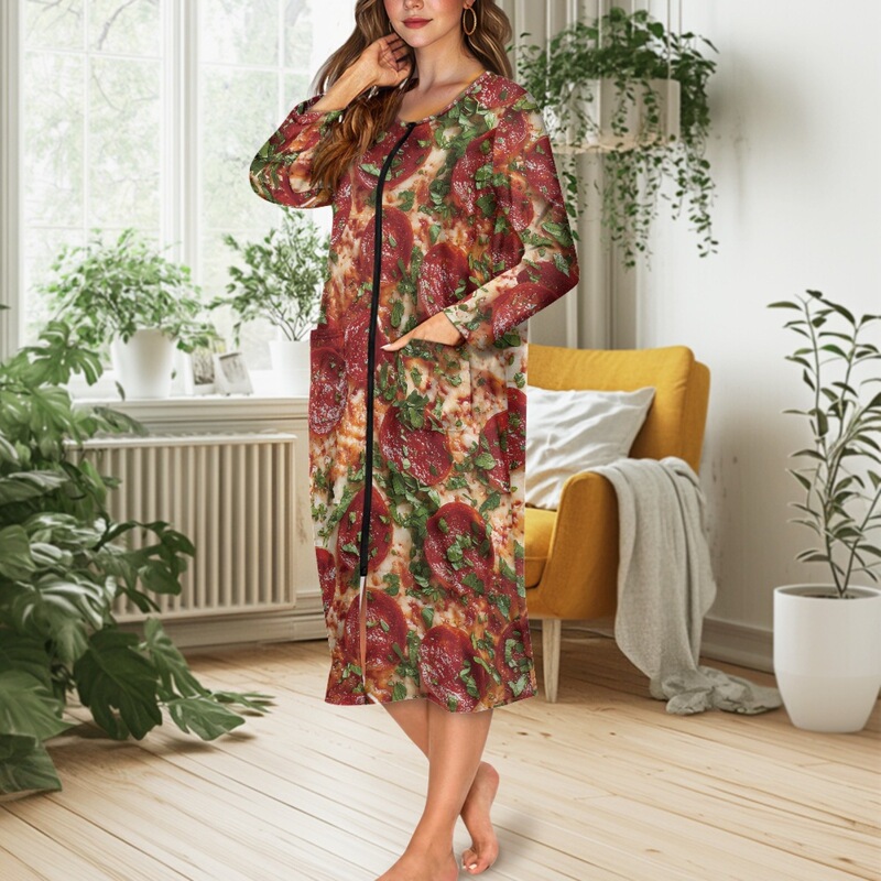 Women's Zipper Nightgown Sausage Pizza Print Dress Full Length Pajamas Pocket Home Clothes Amazon New