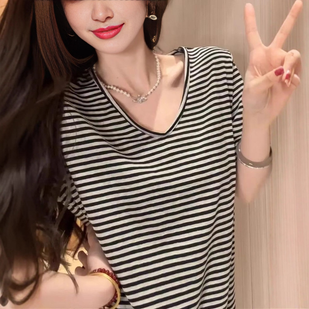 Verano U-collar rayas camiseta de manga corta coreana mujer casual 2026 nuevo perezoso suelto delgado chic top image 5