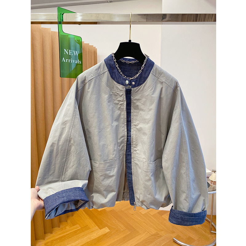 高JI感牛仔拼接外套女春秋2025新款早秋装宽松立领棒球服夹克上衣|undefined