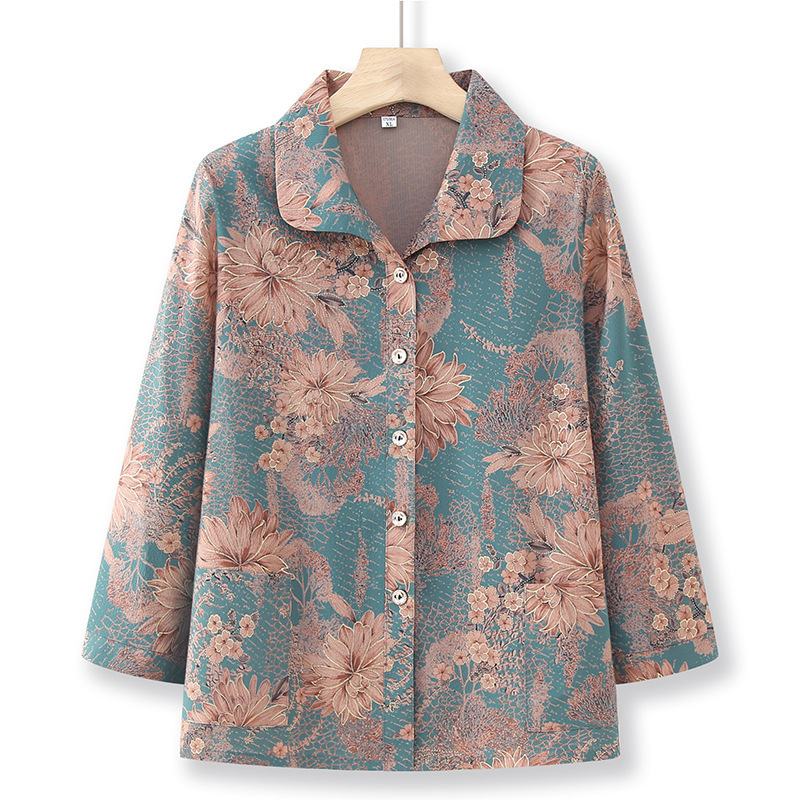 Summer Shirt for Middle-Aged and Elderly Women, Grandma's Nine-Quarter Sleeve Shirt, Thin Summer Style for 70-Year-Old Moms, Collared Blouse with Pockets