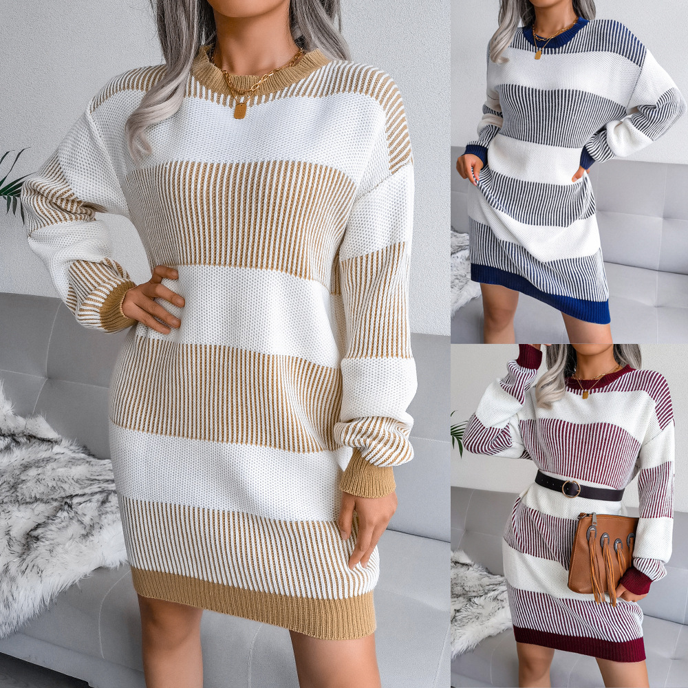 Stripes Casual Loose Sweater Dress Without Belt NSBJ98880