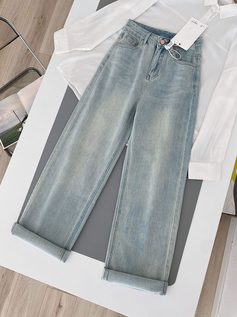 New pink leather brand jeans for women, summer and autumn, high-waisted, petite, loose and versatile, wide-leg casual straight floor-length pants pic 20