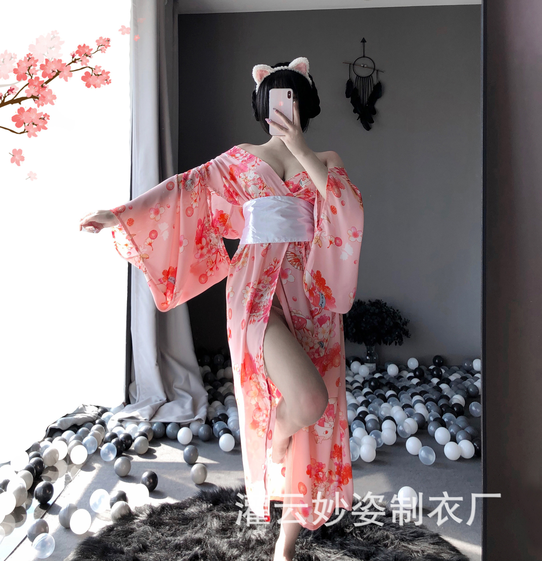 妙姿新款情趣内衣日系和服女长款猫女情趣睡衣诱惑女士雪纺1143