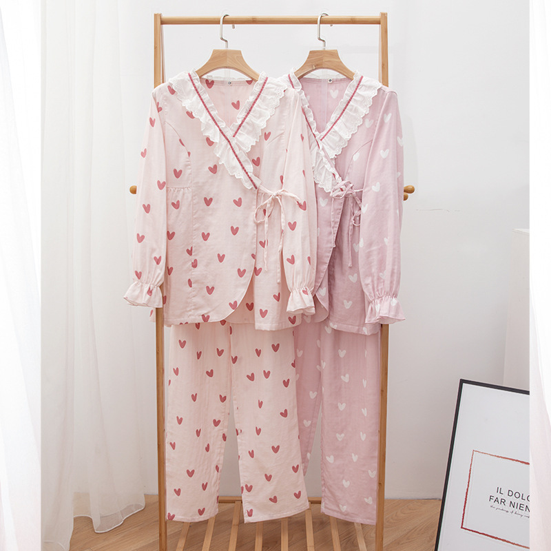 Special Offer for Women, Pure Cotton Double-Layer Yarn, Cute Lace Kimono, Long-Sleeved Pants Set, Breastfeeding Home Clothes, Dropshipping Special Offer for Women, Pure Cotton Double-Layer Yarn, Cute Lace Kimono, Long-Sleeved Pants Set, Breastfeeding Home Clothes, Dropshipping