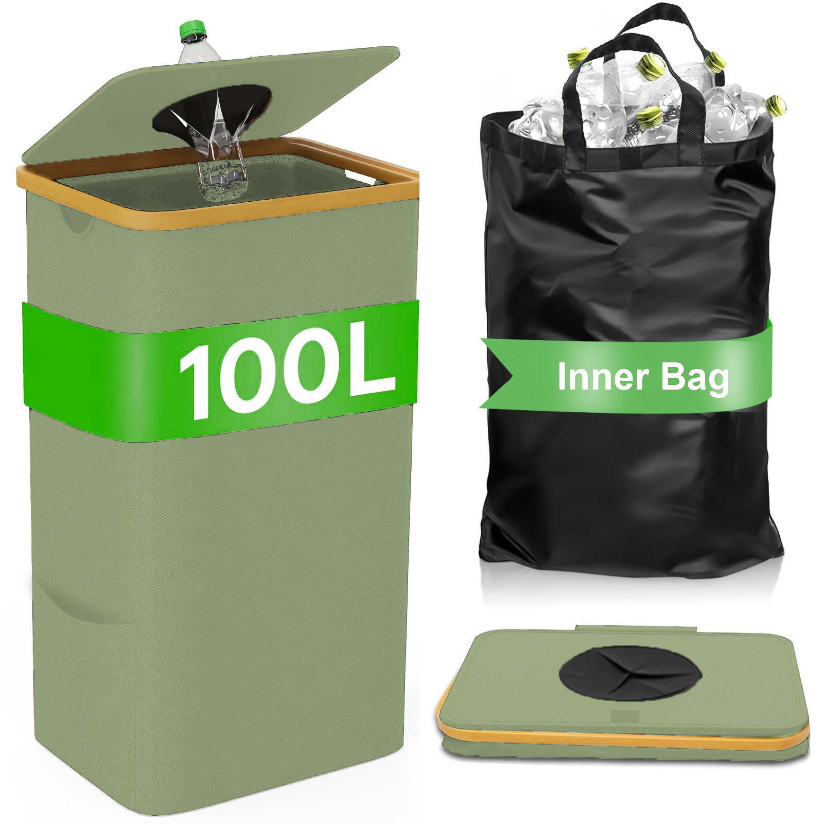 Cesta de almacenamiento de bambú con cubierta desmontable botella reciclada cesta de almacenamiento basura cocina casera reciclaje plegable