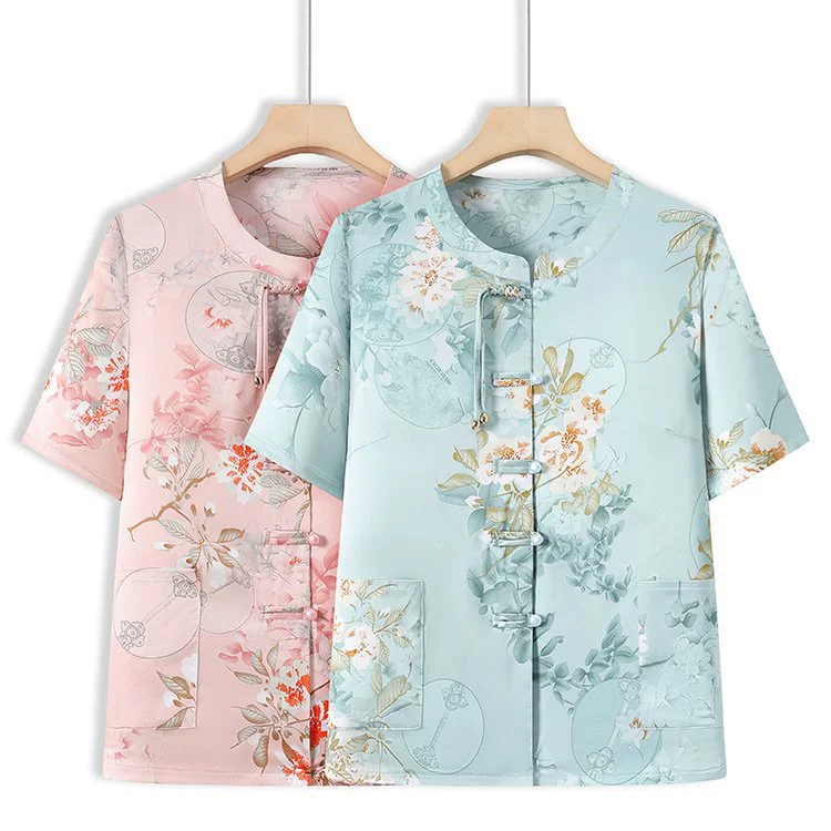 Летняя одежда для женщин среднего и пожилого возраста, рубашки с короткими рукавами для бабушек, шифоновые костюмы для мам, новая удобная одежда в китайском стиле для пожилых людей.