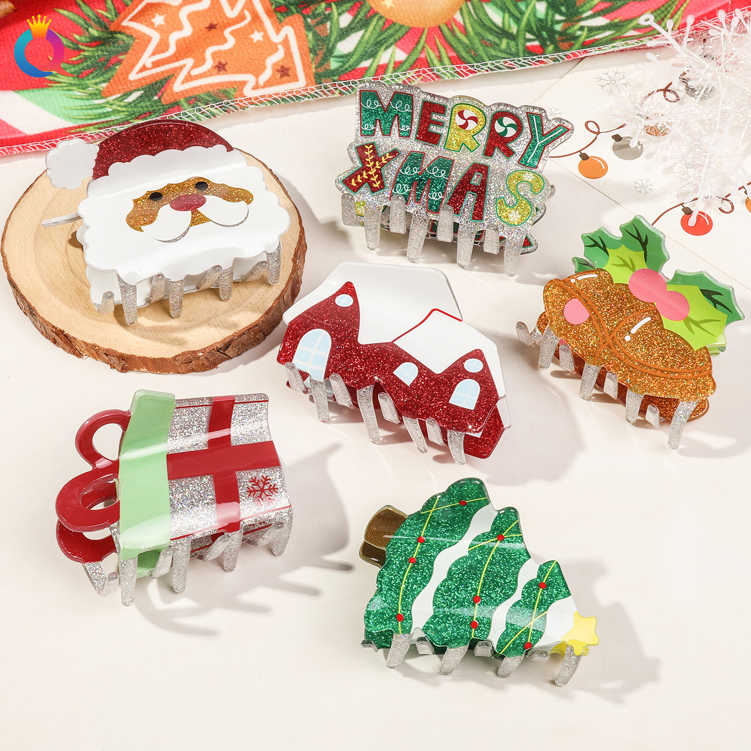 Christmas gift Odd reading cross border acrylic Christmas cartoon glitter hair clip disc hair clip senior sense shark clip hair accessories wholesale_voghion.com