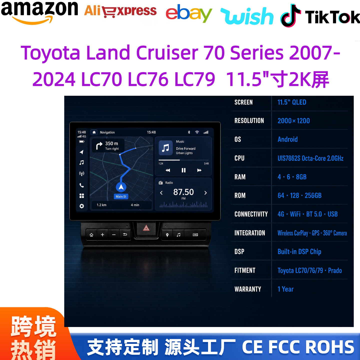 Suitable for Toyota Land Cruiser Pickup LC70 LC71 LC75 76 LC79 Android central control screen navigation