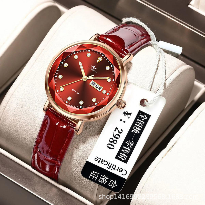 Niche high sense women's watch wholesale New TikTok one-piece delivery small green watch waterproof double calendar genuine leather watch