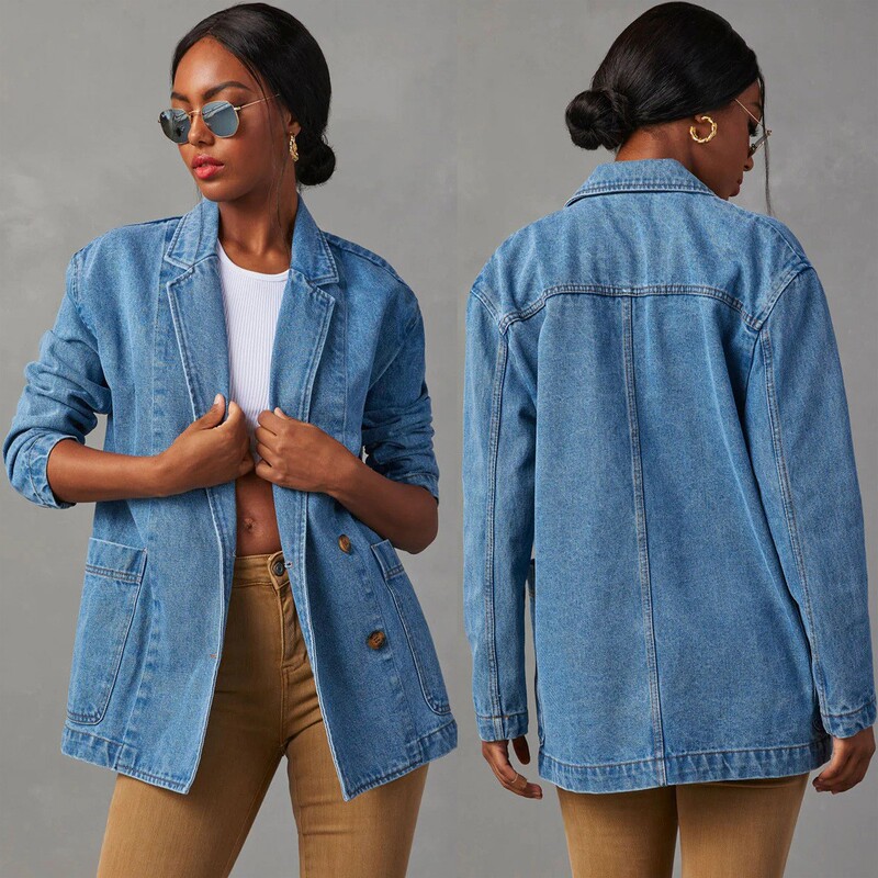 Cross-Border European and American Cross-Border Amazon Fashion Versatile Casual Jacket Washed Blue Denim Women's Suit Jacket