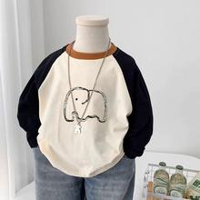 纯棉儿童春秋新款长袖T恤男女童插肩拼色宝宝圆领卡通上衣打底衫