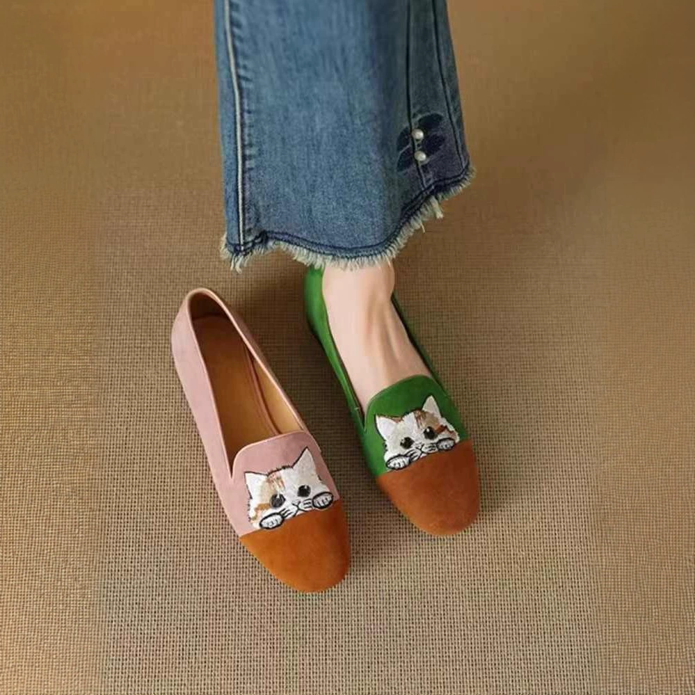 [Готовый запас] 5109-7 Лоферы без шнуровки с вышивкой «Приведи богатство и сокровища» Женские французские туфли на плоской подошве в клетку из мягкой кожи