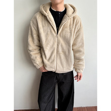 2025冬季新款潮牌美式仿兔毛连帽休闲外套男夹棉保暖棉衣女多色款