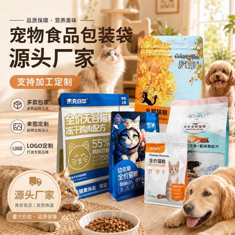 Pet food packaging bag, aluminized sealing bag, self-standing resealable bag, cat food and dog food eight-side sealed food bag Pet food packaging bag, aluminized sealing bag, self-standing resealable bag, cat food and dog food eight-side sealed food bag
