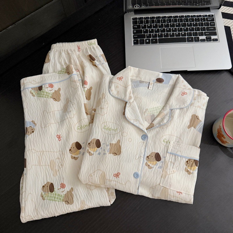 Venta al por mayor transfronteriza otoño nuevo estilo caliente pijamas de algodón de la nube pantalones de manga larga de las mujeres solapa linda rebeca dulce servicio a domicilio