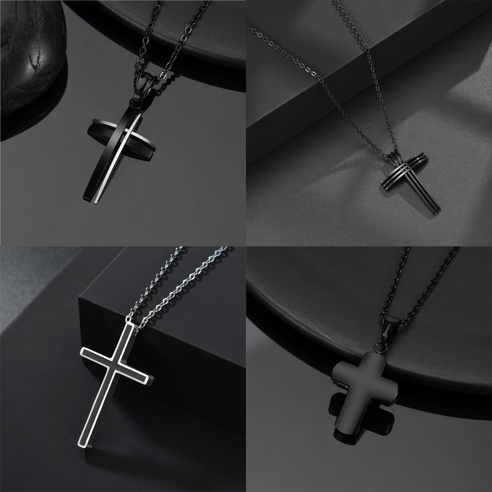 Stainless Steel Black Cross Pendant Necklace Religious Holy