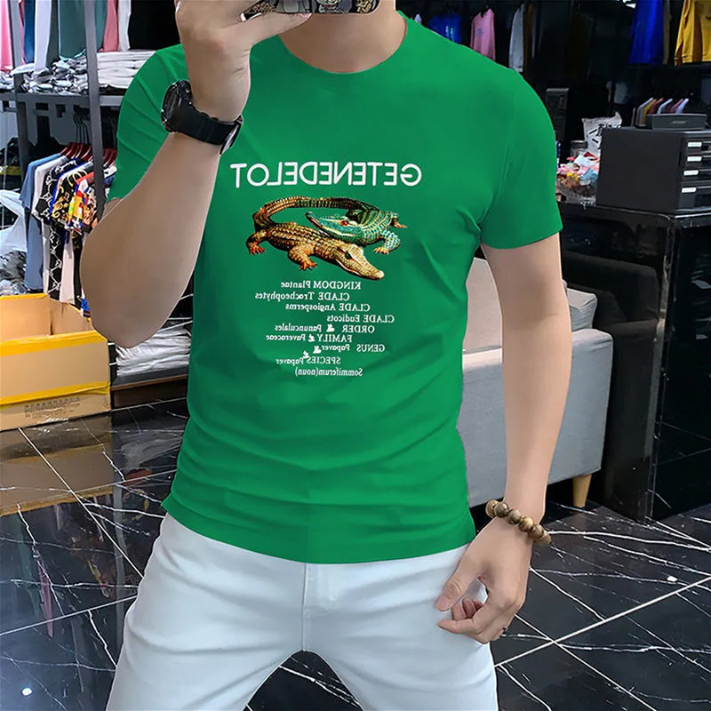 Chemise à manches courtes et col rond pour hommes, imprimé, belle édition coréenne, filet Crocodile, rouge, Slim Fit, Top Trdy, été 2023_voghion.com