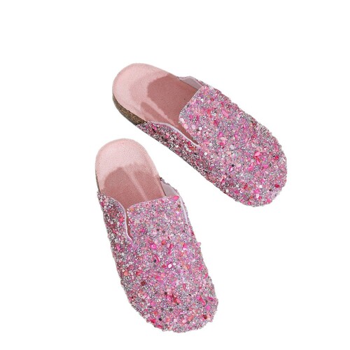 Baotou Pointed Toe Slipper with Glitter for Women, Half-House Slipper, Adult Soft Cork Shoes, Comfortable Leisure, Non-Slip, European and American Style