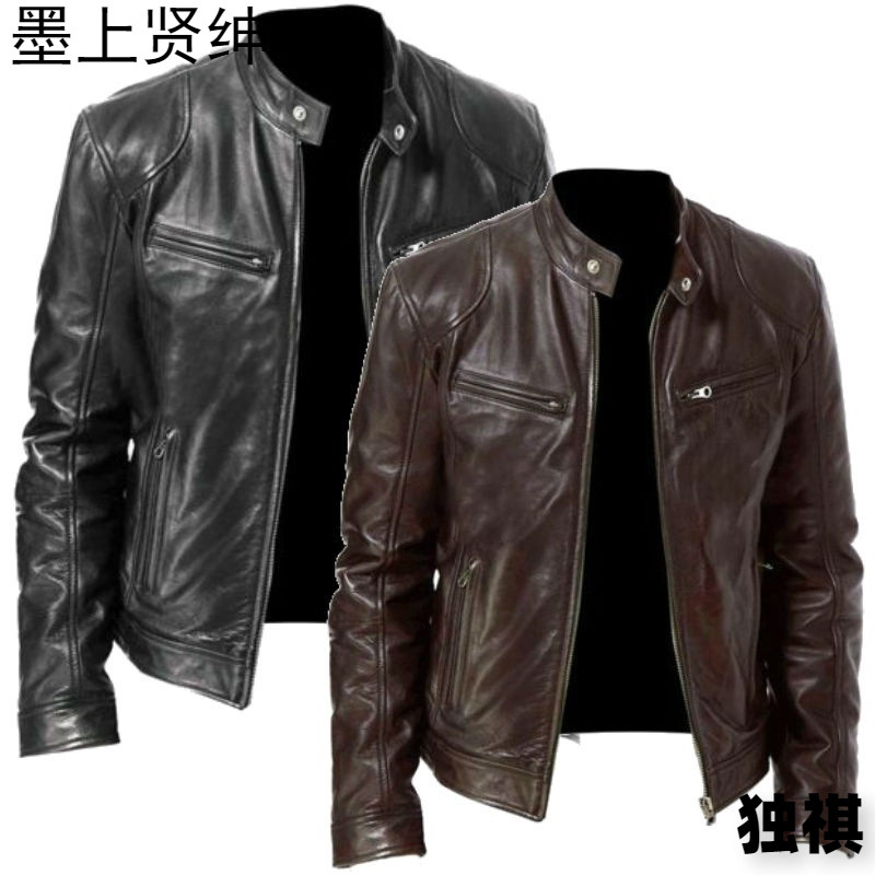 Chaqueta de cuero delgada de cuello alto de gran tamaño 2023 para hombre con cremallera, decoración de bolsillo, ropa de cuero de pu, ropa de motocicleta PY31 especial P55