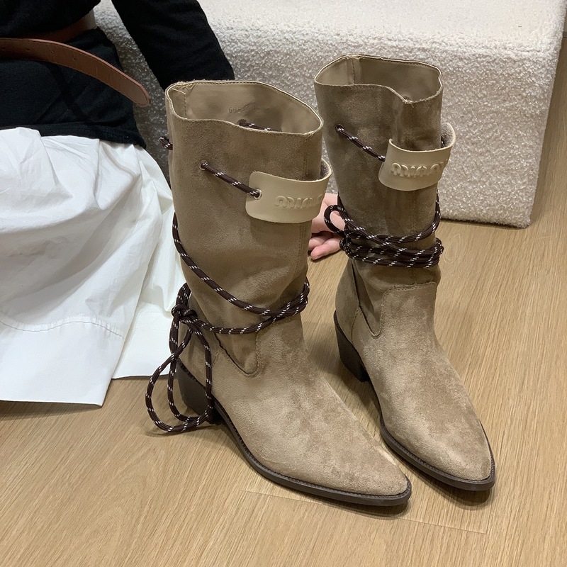 复古粗跟棕色绒面中筒堆堆靴女2025年新款瘦瘦靴春秋单靴西部短靴|undefined
