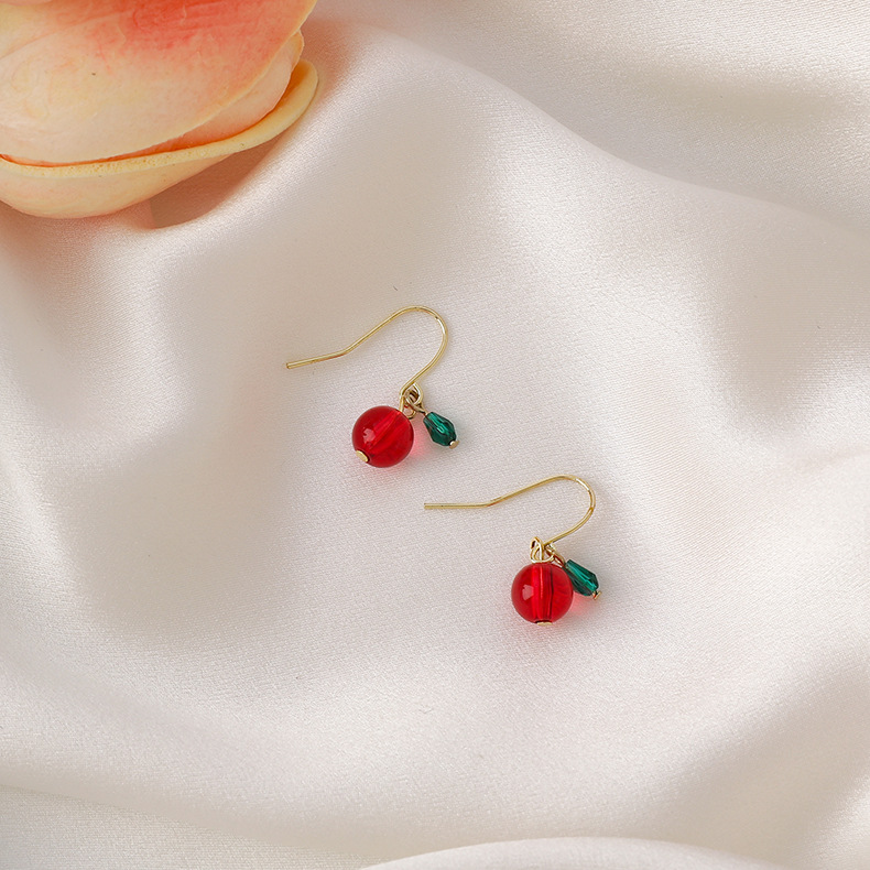 Korean Beaded Little Cherries Earrings display picture 2