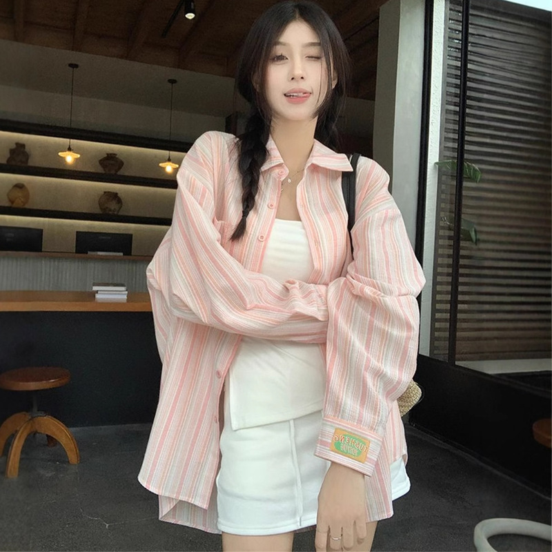 Striped long sleeve shirt women's summer thin loose polo collar sunscreen shirt mid-length top factory wholesale
