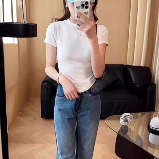 螺纹小高领弧形下摆短袖正肩修身t恤女夏季修身内搭打底衫设计感