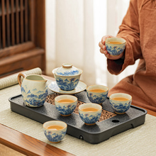 XF4O米黄汝窑功夫茶具套装家用办公泡茶山水青花茶壶盖碗茶杯整套
