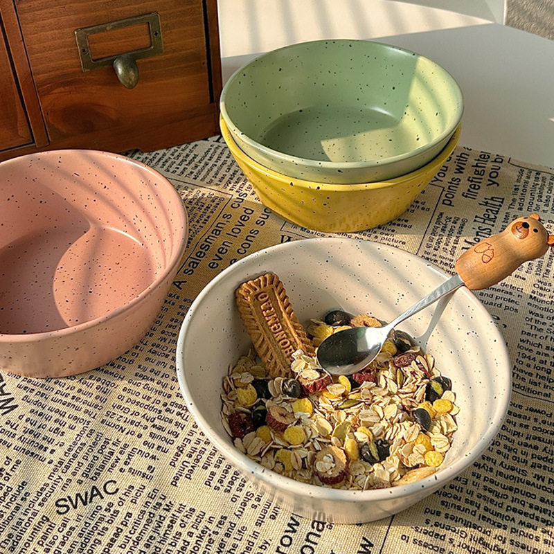 Korean Ins Style Splash Ink Bowl Ceramic Retro Fruit Yogurt Bowl Cereal Breakfast Large Rice Bowl Dessert Bowl Tableware