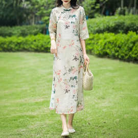 2026夏季新品胖MM苎麻立领改良旗袍印花棉麻连衣裙女文艺复古风