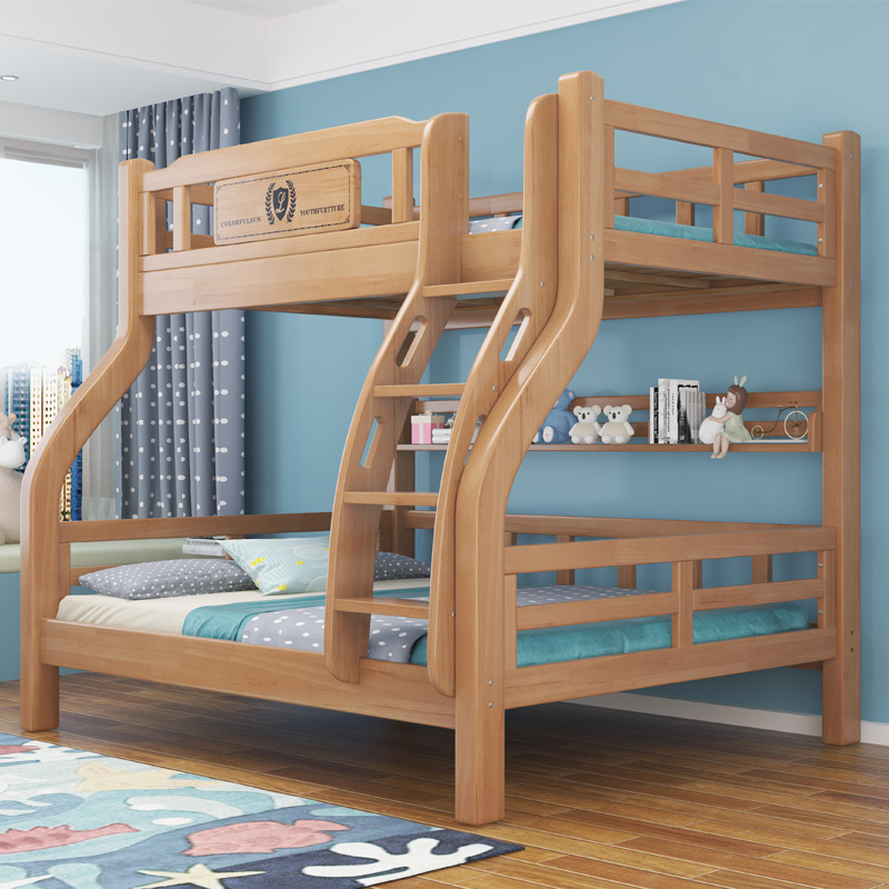 All Solid Wood Double-Decker Bunk Bed for Children, Child and Parent Bunk Bed, Two-Layer High and Low Double Bed, Oak Wood Child and Parent Bed Combination