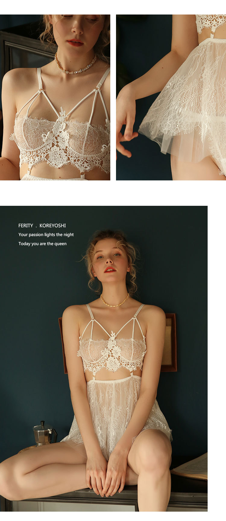 Lace Perspective Babydoll Nightgown with Matching Panty, Red Mesh Sleepwear Set — detail image 3