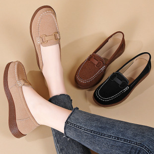 Genuine Leather Flat Shoes for Mother Spring and Summer Super Soft Comfortable Soft Bottom Lazy Slip-on Women's Shoes for Middle-aged and Elderly Frosted Leather Shoes