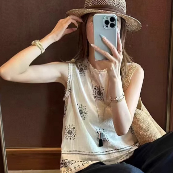New Chinoiserie Printed Sleeveless Shirt for Women European Station 2025 Summer New Fashion Versatile Slim Vest Top